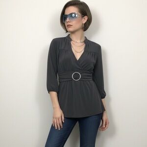 NEW DIRECTIONS VTG Dark Gray Y2K Eyelet Blouse Silver Circle Hardware SZ S